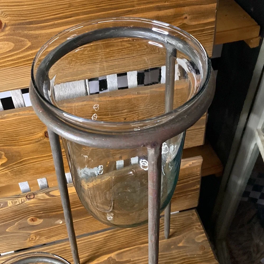 Pottery Barn Set of Two Rustic Metal Tripod Stands with Handblown Glass Vases - Picture 4 of 17